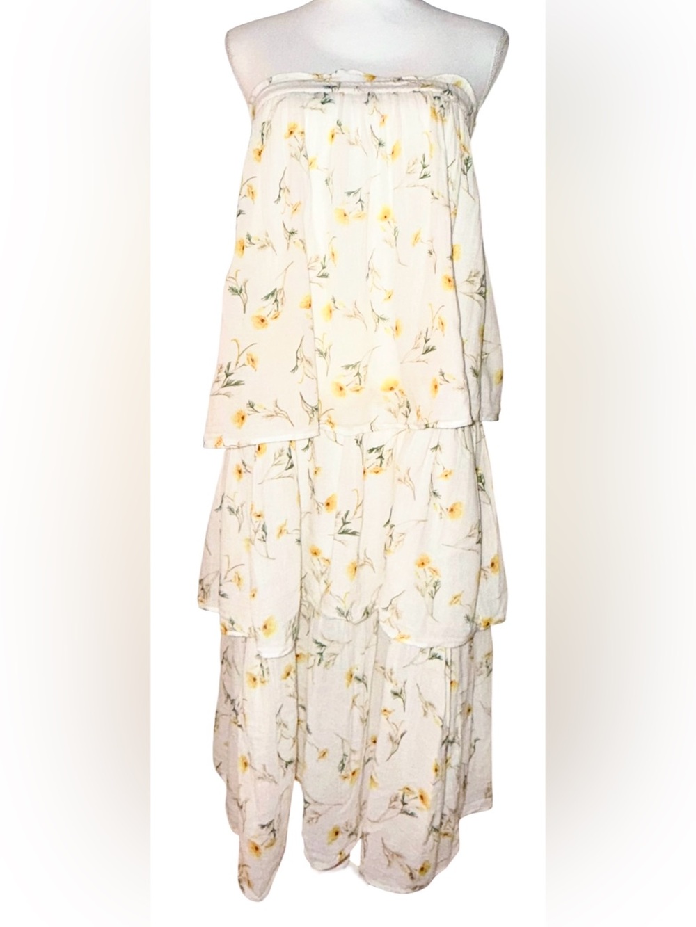 Strapless Floral Tiered Midi Dress - White with Yellow Floral Print